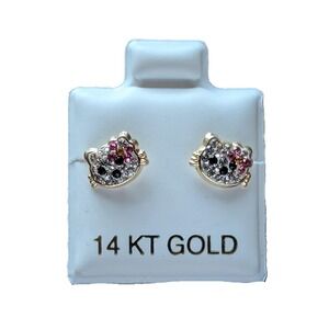 Women 14k Gold Hello Kitty Face CZ Stud Earrings Secure Screw Post Backing